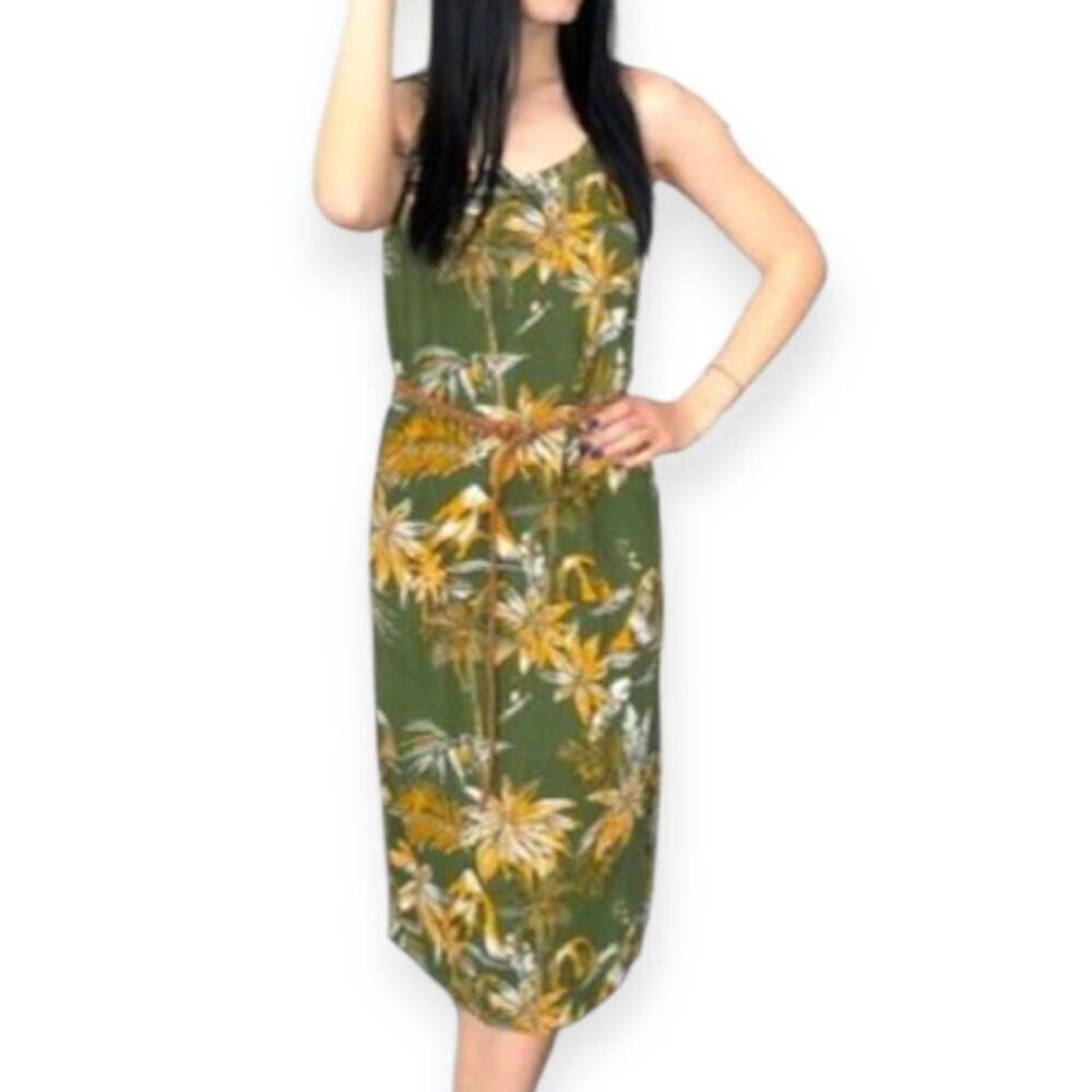 H&M OLIVE GREEN & YELLOW FLORAL DRESS SZ.10 EUC
